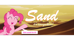 Size: 3000x1519 | Tagged: safe, artist:slb94, edit, edited screencap, screencap, pinkie pie, earth pony, pony, my little pony: the movie, aladdin, aladdin and the king of thieves, bone dry desert, caption, desert, eyes closed, female, genie, happy, image macro, mare, open mouth, raised hoof, reference, sand, solo, speech bubble, text, vector
