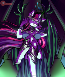 Size: 1139x1329 | Tagged: safe, artist:patty-plmh, twilight sparkle, twilight sparkle (alicorn), alicorn, anthro, unguligrade anthro, breasts, crossed legs, evil grin, female, grin, headlight sparkle, patreon, patreon logo, queen twilight, sitting, smiling, solo, tyrant sparkle