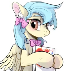 Size: 640x640 | Tagged: artist needed, source needed, safe, oc, oc only, oc:左岸, pegasus, pony, book, bow, bowtie, bust, chinese, female, hair bow, looking at you, mare, portrait, ribbon, simple background, smiling, solo, text, translated in the description, white background