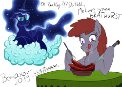 Size: 842x595 | Tagged: safe, artist:bonaxor, oc, oc:lukida, oc:princess dream, bat pony, pony, bratwurst, cloud, derp, female, mare, simple background, transparent background