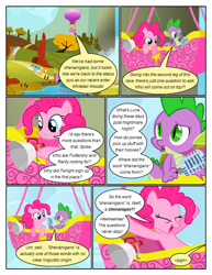 Size: 612x792 | Tagged: safe, artist:newbiespud, derpibooru import, edit, edited screencap, screencap, pinkie pie, spike, dragon, earth pony, pony, comic:friendship is dragons, fall weather friends, comic, dialogue, eyes closed, female, flying, hot air balloon, looking down, male, mare, megaphone, microphone, screencap comic, slit eyes, tree, worried