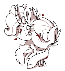 Size: 2193x2373 | Tagged: safe, artist:ezzerie, oc, oc:wakeup call, pegasus, pony, unicorn, bust, digital, doodle, duo, kiss on the cheek, kissing, love, monochrome, shading, ship