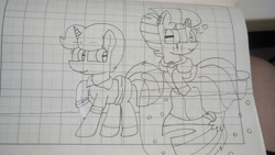 Size: 5312x2992 | Tagged: safe, artist:徐詩珮, fizzlepop berrytwist, spring rain, tempest shadow, seapony (g4), unicorn, broken horn, clothes, dress, eye scar, female, horn, lesbian, lineart, lined paper, mare, prince eric, scar, seaponified, seapony tempest shadow, shipping, species swap, springshadow, the little mermaid, tomboy taming, traditional art