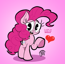 Size: 2247x2189 | Tagged: safe, artist:joeywaggoner, derpibooru import, pinkie pie, earth pony, pony, digital art, female, gradient background, heart, mare, pacman eyes, raised hoof, signature, smiling, solo, speech