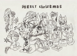 Size: 7014x5100 | Tagged: safe, artist:khaki-cap, oc, oc only, oc:guttatus, oc:khaki-cap, oc:rainbow tashie, oc:rigby, oc:steven, oc:wit ray, oc:zjin, oc:zjin-wolfwalker, christmas, christmas tree, gift art, hearth's warming eve, holiday, ink, ink sketch, merry christmas, traditional art, tree