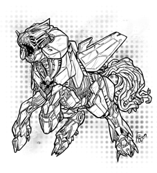 Size: 1000x1100 | Tagged: safe, artist:blackheartspiral, pony, robot, robot pony, michael bay, monochrome, ponified, solo, starscream, transformers