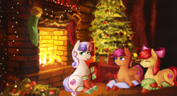 Size: 2970x1620 | Tagged: safe, artist:dukevonkessel, apple bloom, scootaloo, sweetie belle, earth pony, pegasus, pony, unicorn, apple bloom's bow, bow, christmas, christmas lights, christmas stocking, christmas tree, clothes, cutie mark crusaders, eyes closed, female, filly, fireplace, hair bow, holiday, open mouth, prone, sitting, smiling, socks, tree, trio