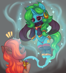 Size: 4171x4663 | Tagged: safe, artist:moonseeker, oc, oc:lily cureheart, oc:wishy washy, earth pony, genie pony, pony, unicorn, ear piercing, earring, eyeshadow, female, genie, jewelry, lamp, levitation, looking up, magic, makeup, mare, monster mare, piercing, telekinesis, veil