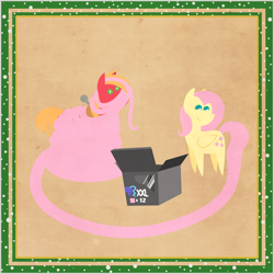 Size: 2000x2000 | Tagged: safe, anonymous artist, big macintosh, fluttershy, pegasus, pony, series:12 days of hearth's warming, series:fm holidays, 12 days of christmas, border, box, butt, christmas, female, fluttermac, hearth's warming, holiday, impossibly long tail, looking at you, looking back, male, plot, pointy ponies, shipping, snow, straight, tail extensions, texture