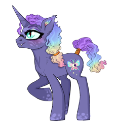 Size: 862x956 | Tagged: safe, artist:unoriginai, oc, oc only, oc:willowhisp, bat pony, hybrid, unicorn, bat pony unicorn, ear fluff, magical lesbian spawn, offspring, parent:fluttershy, parent:princess luna, parents:lunashy, rainbow hair, spots