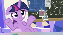 Size: 1920x1080 | Tagged: safe, screencap, twilight sparkle, twilight sparkle (alicorn), alicorn, pony, sparkle's seven, 200th episode, chalkboard, female, floppy ears, friendship throne, mare, shrug, slouching