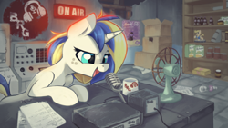 Size: 2400x1350 | Tagged: safe, artist:darksittich, oc, oc only, oc:cinnamon cider, pony, unicorn, fallout equestria, audio equipment, brony radio germany, cardboard box, fan, freckles, male, microphone, mug, on air, solo, sparkle cola, trap