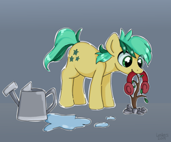 Size: 2400x2000 | Tagged: safe, artist:leslers, sandbar, pony, uprooted, cute, earmuffs, eye clipping through hair, gray background, mouth hold, plant, sandabetes, sapling, simple background, solo, watering can