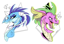 Size: 2869x1985 | Tagged: safe, artist:marbola, princess ember, spike, dragon, bust, dragoness, duo, female, high res, open mouth, sharp teeth, simple background, smiling, teeth, white background