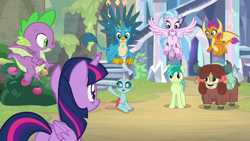 Size: 1920x1080 | Tagged: safe, screencap, gallus, ocellus, sandbar, silverstream, smolder, spike, twilight sparkle, twilight sparkle (alicorn), yona, alicorn, changedling, changeling, classical hippogriff, dragon, earth pony, griffon, hippogriff, pony, yak, uprooted, bow, claws, cloven hooves, colored hooves, dragoness, female, flying, hair bow, jewelry, male, monkey swings, necklace, student six, teenager, winged spike, wings