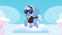 Size: 2880x1620 | Tagged: safe, screencap, madden, pegasus, pony, sonic rainboom (episode), clothes, cloud, looking at you, male, stallion, standing on cloud, sunglasses