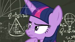 Size: 1280x720 | Tagged: safe, screencap, twilight sparkle, twilight sparkle (alicorn), alicorn, pony, sparkle's seven, chalkboard, math, math lady meme, meme, solo