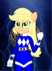 Size: 516x714 | Tagged: safe, artist:cam-and-sister-paint, applejack, equestria girls, blue ranger, kyoryu sentai zyuranger, mighty morphin power rangers, ponied up, solo