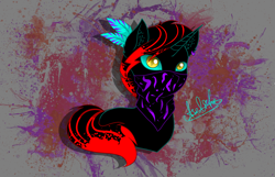 Size: 2800x1800 | Tagged: safe, artist:aselita selter, oc, oc only, oc:azelf, pony, unicorn, abstract background, bandana, bust, colored pupils, ear piercing, earring, jewelry, looking at you, neon, piercing, portrait, slit eyes, solo