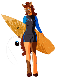 Size: 2000x2500 | Tagged: safe, artist:coffeevixxen, oc, oc only, oc:honeypot meadow, anthro, earth pony, unguligrade anthro, beauty mark, commission, female, mare, simple background, smiling, solo, surfboard, transparent background, wetsuit