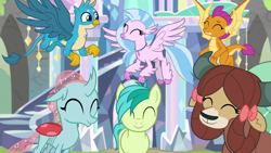 Size: 1920x1080 | Tagged: safe, screencap, gallus, ocellus, sandbar, silverstream, smolder, yona, changedling, changeling, dragon, griffon, yak, uprooted, dragoness, eyes closed, female, flying, student six