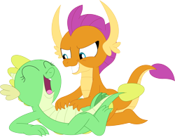 Size: 3558x2774 | Tagged: safe, artist:porygon2z, smolder, oc, oc:jade, dragon, duo, female, laughing, on back, tickling