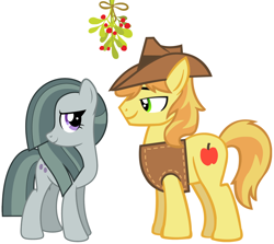 Size: 2092x1869 | Tagged: safe, braeburn, marble pie, braeble, christmas, female, hearth's warming, heartwarming, holiday, looking at each other, male, mistleholly, romance, romantic, shipping, smiling, straight