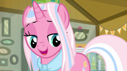 Size: 1920x1080 | Tagged: safe, screencap, clear sky, pony, unicorn, common ground, clothes, female, lidded eyes, mare, museum, scarf, smiling, solo