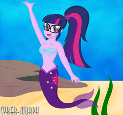 Size: 2204x2060 | Tagged: safe, artist:cyber-murph, sci-twi, twilight sparkle, mermaid, equestria girls, adorkable, armpits, belly, belly button, bikini, bikini top, clothes, cute, dork, glasses, mermaidized, midriff, ponytail, shell bra, species swap, swimsuit, twiabetes, underwater