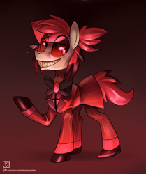 Size: 2508x3000 | Tagged: safe, artist:jedayskayvoker, demon, pony, alastor, clothes, crossover, full body, gradient background, hazbin hotel, male, monocle, ponified, red hair, simple background, solo, stallion