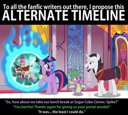 Size: 1811x1622 | Tagged: safe, artist:ultrathehedgetoaster, editor:ultrathehedgetoaster, chancellor neighsay, spike, twilight sparkle, twilight sparkle (alicorn), alicorn, dragon, canterlot, fake screencap, fake screenshot, ponyville, portal, post season 9 story prompt, problem solved, winged spike