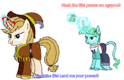 Size: 1797x1167 | Tagged: safe, artist:uncreative, oc, oc only, oc:princess palladium, oc:regal inkwell, classical unicorn, pony, unicorn, clothes, cloven hooves, cosplay, costume, curved horn, digimon tamers, doublet, duo, hat, horn, leonine tail, ruki makino, unshorn fetlocks