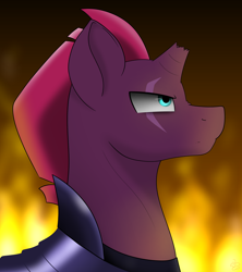 Size: 3038x3417 | Tagged: safe, artist:envygirl95, tempest shadow, pony, broken horn, bust, eye scar, fire, horn, male, portrait, rule 63, scar, solo, stallion