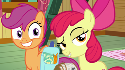 Size: 1920x1080 | Tagged: safe, screencap, apple bloom, scootaloo, earth pony, pony, growing up is hard to do, bow, carrot, chips, clubhouse, crusaders clubhouse, duo, female, filly, foal, food, grin, hair bow, lidded eyes, raised eyebrow, saddle bag, smiling, smirk, smug, snacks, spread wings, wide eyes, wings