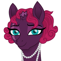 Size: 3000x3000 | Tagged: safe, artist:cloudyglow, fizzlepop berrytwist, tempest shadow, pony, alternate hairstyle, broken horn, female, horn, jewelry, mare, necklace, pearl necklace, simple background, smiling, solo, transparent background