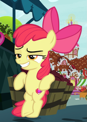 Size: 645x900 | Tagged: safe, screencap, apple bloom, earth pony, pony, the big mac question, bipedal, bipedal leaning, bow, cool, cropped, faic, female, filly, hair bow, leaning, lidded eyes, offscreen character, ponyville, pose, raised eyebrow, smiling, smirk, solo, solo focus, sugarcube corner