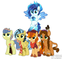 Size: 918x870 | Tagged: safe, artist:moonlightdisney5, artist:xxmelody-scribblexx, oc, oc only, oc:benson, oc:sonic blast (ice1517), oc:sora seeds, oc:tala (ice1517), oc:wonder apple, earth pony, hybrid, pegasus, pony, bandana, base used, bisony, boots, bracelet, brother and sister, brothers, coat markings, commission, cowboy boots, cowboy hat, cowboy vest, crossed arms, ear piercing, earring, eyebrow piercing, feather, female, flying, grin, half-siblings, hat, headband, icey-verse, jewelry, lip piercing, magical gay spawn, male, multicolored hair, offspring, parent:braeburn, parent:little strongheart, parent:rainbow dash, parent:soarin', parents:braeheart, parents:soarburn, parents:soarindash, piercing, pigtails, raised hoof, shoes, siblings, simple background, sisters, smiling, tattoo, transparent background, twintails, unshorn fetlocks, wall of tags, wristband