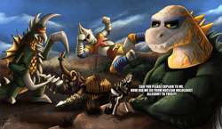 Size: 1750x1015 | Tagged: safe, artist:jamescorck, oc, oc:movie slate, kaiju, pony, unicorn, female, gigan, godzilla, godzilla (series), godzilla vs. megalon, jet jaguar, mare, megalon, sports, wrestling