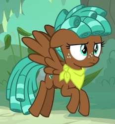 Size: 659x709 | Tagged: safe, screencap, spur, pegasus, pony, growing up is hard to do, bandana, cropped, female, flying, frown, ringlets, solo, teenager