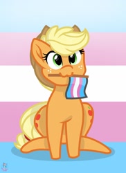 Size: 1272x1752 | Tagged: safe, artist:rainbow eevee, applejack, earth pony, pony, :3, applejack's hat, cowboy hat, cute, flag, freckles, hat, headcanon, jackabetes, lgbt headcanon, mouth hold, pride, pride flag, simple background, solo, transgender, transgender pride flag