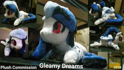 Size: 1192x670 | Tagged: safe, artist:gleamydreams, oc, oc only, pegasus, pony, blue and black, clothes, commission, compilation, hoodie, photo, plushie, ponytail, prone, red eyes