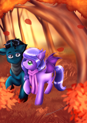 Size: 2874x4055 | Tagged: safe, artist:wild-fluff, oc, oc only, oc:midnight reverie, oc:slashing prices, bat pony, unicorn, autumn, bush, clothes, couple, cutie mark, falling leaves, female, forest, leaves, male, mare, scarf, shipping, stallion, straight, tree, unshorn fetlocks, walking, wings, ych result