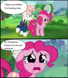 Size: 484x552 | Tagged: safe, derpibooru import, edit, edited screencap, screencap, pinkie pie, svengallop, earth pony, pony, the mane attraction, apple tree, comic, crying, floppy ears, food, oats, op is a cuck, op is trying to start shit, sad, ship sinking, svenpie, tree