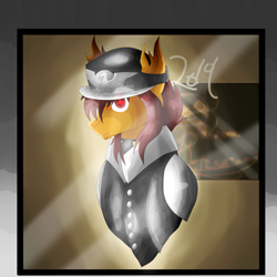 Size: 5800x5800 | Tagged: safe, artist:florarena-kitasatina/dragonborne fox, pony, absurd resolution, bust, buttons, cel shading, clothes, crossover, emblem, lance (epic battle fantasy), ponified, portrait, shading, side glance, signature, solo, torn ear, uniform, watermark