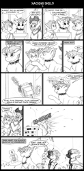 Size: 800x1623 | Tagged: safe, artist:digoraccoon, oc, oc:doc wagon, oc:manco correro, oc:switchblade, earth pony, pony, unicorn, zebra, collaboration, comic:friendship is dragons, annoyed, bottle, burnt, chest fluff, clothes, collar, comic, computer, dialogue, explosion, explosives, female, glasses, glowing horn, glue, gun, happy, hat, horn, lineart, looking up, magic, male, mare, monochrome, nurse, onomatopoeia, poncho, rifle, saddle bag, scar, shocked, smiling, soda, spiked collar, stallion, telekinesis, weapon, zebra oc