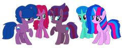 Size: 1754x664 | Tagged: safe, artist:徐詩珮, oc, oc:betty pop, oc:fire shadow, oc:spring legrt, oc:storm lightning, oc:vesty sparkle, alicorn, pony, unicorn, alicorn oc, base used, female, half-siblings, magical lesbian spawn, mare, next generation, offspring, parent:flash sentry, parent:glitter drops, parent:spring rain, parent:stygian, parent:tempest shadow, parent:twilight sparkle, parents:flashlight, parents:glittershadow, parents:springdrops, parents:springshadow, parents:tempgian, siblings, simple background, sisters, transparent background