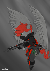 Size: 2841x4000 | Tagged: safe, artist:flashnoteart, oc, oc:tricky spirit, pegasus, pony, armor, gun, male, solo, titanfall, weapon