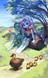 Size: 2971x4753 | Tagged: safe, artist:aphphphphp, anthro, duck, unguligrade anthro, cute, female, log, scenery, sitting, tree