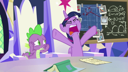 Size: 1920x1080 | Tagged: safe, screencap, spike, twilight sparkle, twilight sparkle (alicorn), alicorn, dragon, pony, sparkle's seven, 200th episode, book, chalkboard, friendship throne, oh come on, throne, winged spike