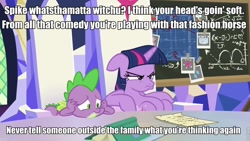 Size: 960x540 | Tagged: safe, screencap, spike, twilight sparkle, twilight sparkle (alicorn), alicorn, dragon, pony, season 9, sparkle's seven, chalkboard, chart, duo, floppy ears, friendship throne, grumpy face, meme, sonny corleone, the family, the godfather, unamused, vito corleone, winged spike